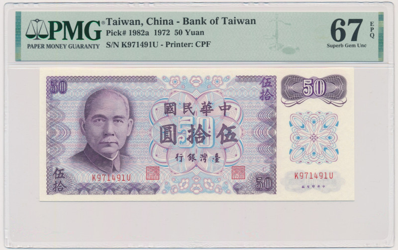 Taiwan, China, 50 Yuan 1972 - PMG 67 EPQ Graded 67 EPQ by PMG.
 Banknot w slabi...