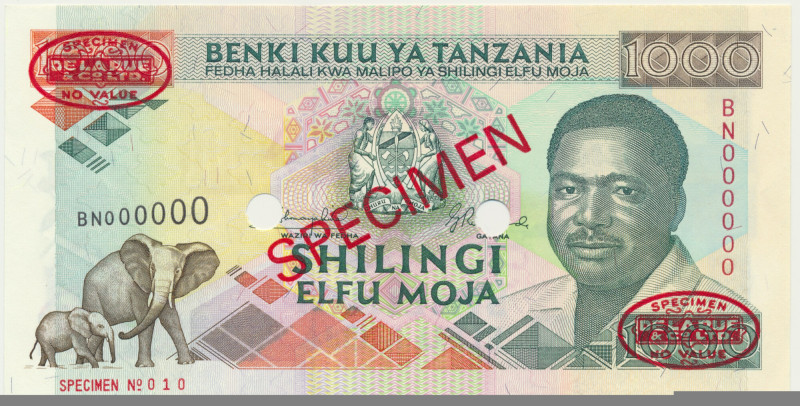 Tanzania, 1.000 Shilingi (1993) - SPECIMEN - Bottom corners lightly folded.&nbsp...