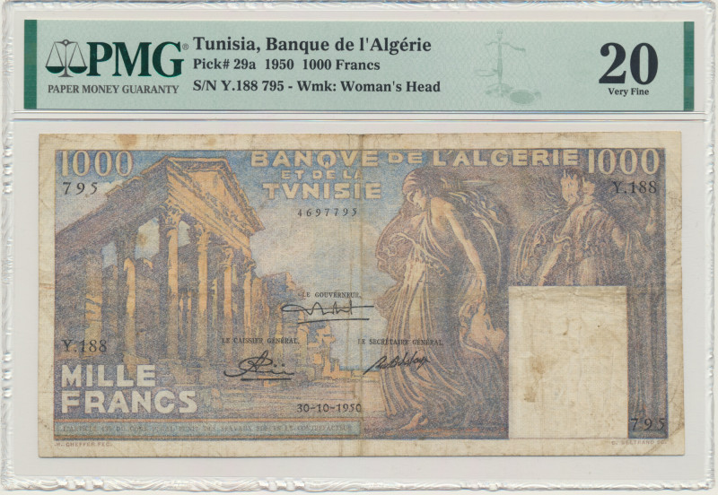 Tunisia, 1.000 Francs 1950 - PMG 20 Graded 20 by PMG.
 Wyłącznie pięć egzemplar...