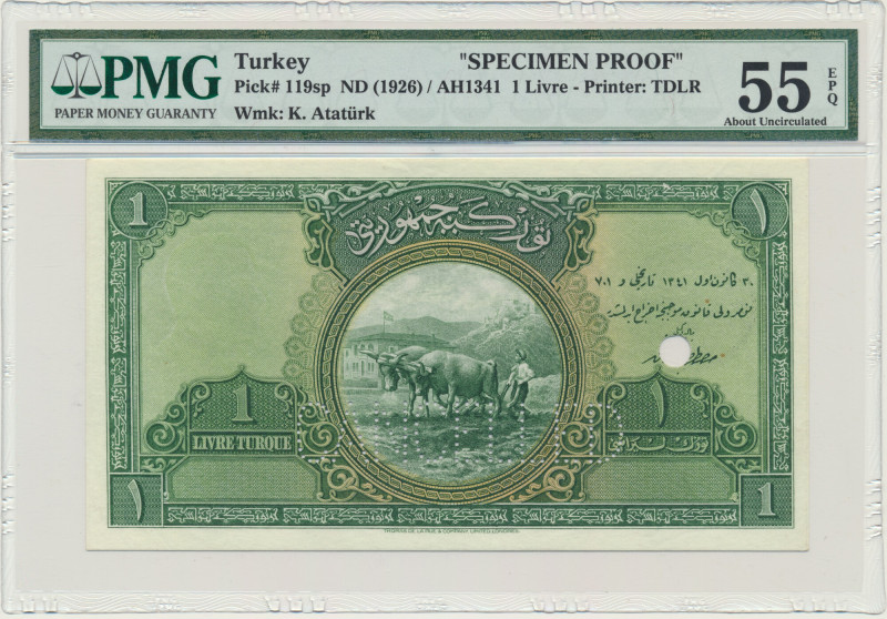 Turkey, 1 Livre (1926) - SPECIMEN - PMG 55 EPQ Very attractive banknote graded 5...