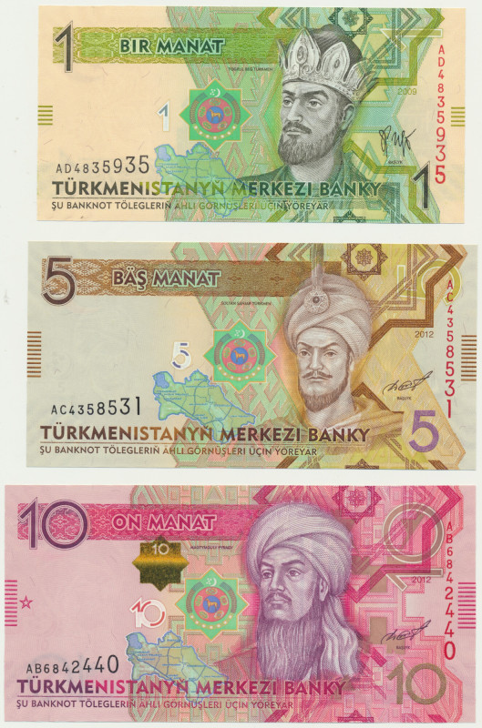 Turkmenistan, lot 1-10 Manat 2009-12 (3 pcs.) Uncirculated. Emisyjne stany zacho...