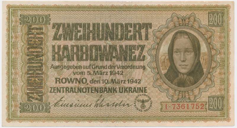 Ukraine, 200 Karbovanez 1942 Minor flawns on the upper margin.&nbsp; Corners sli...