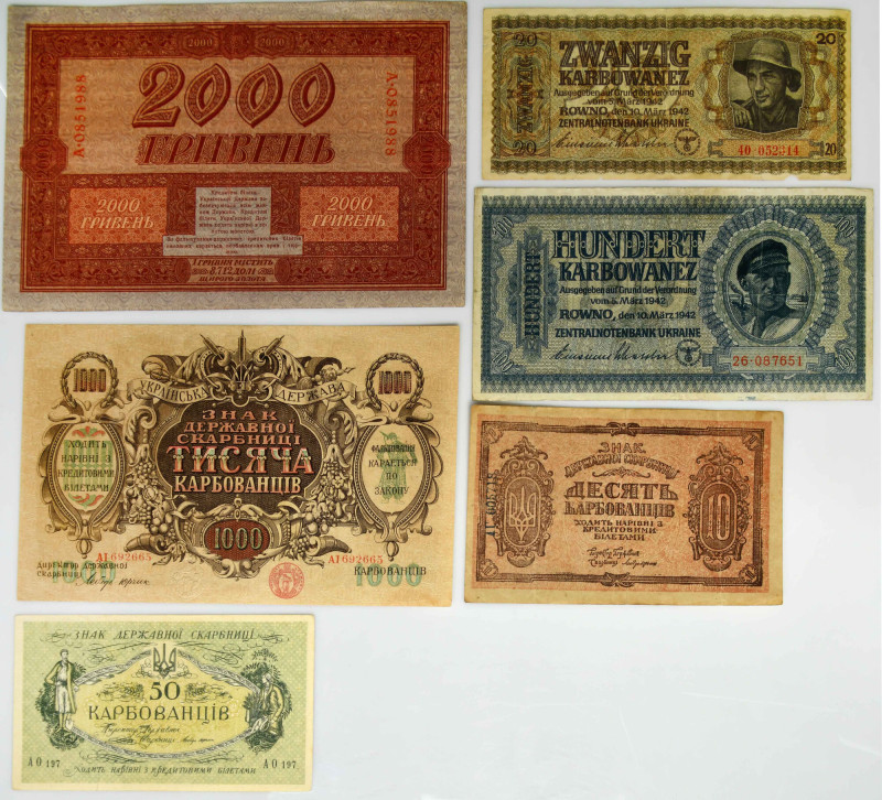 Ukraine, lot 10-2.000 Karbovanets 1918-42 (6 pcs.) Varied conditions. Viewing re...