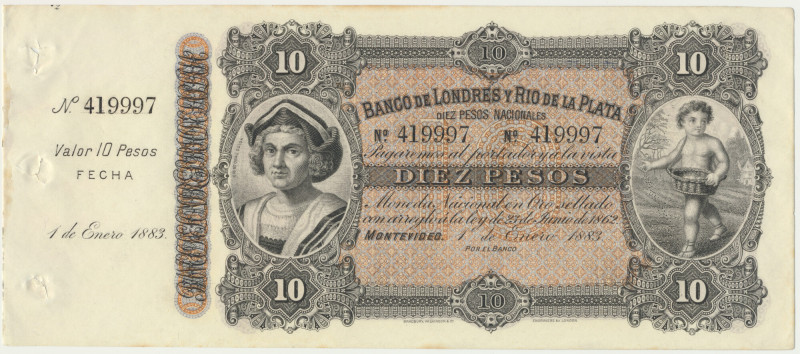 Uruguay, Banco de Londres y Río de La Plata, 10 Pesos 1883 Upper right corner fo...