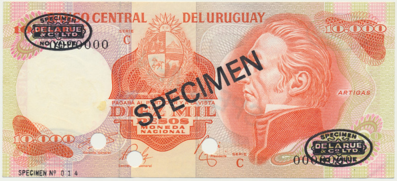 Uruguay, 10.000 Pesos 1974 - SPECIMEN - About uncirculated banknote with one fol...