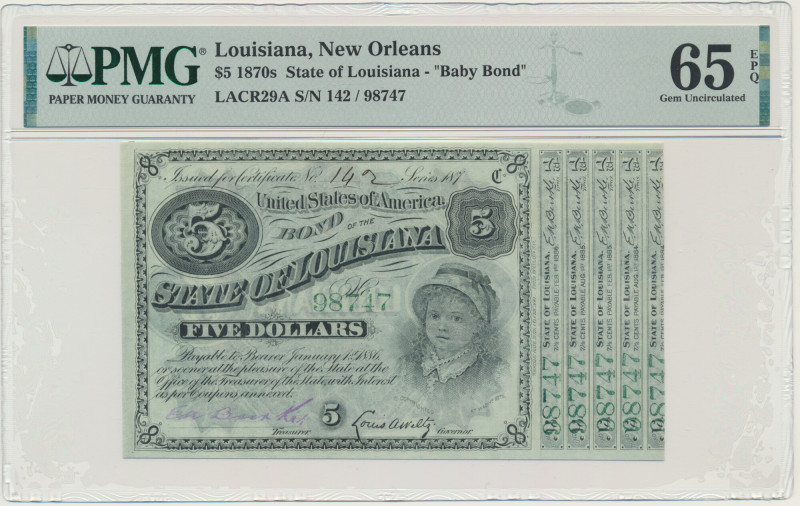 USA, Lousiana, New Orleans, 5 Dollars 187. - PMG 65 EPQ - green prefix - Green p...