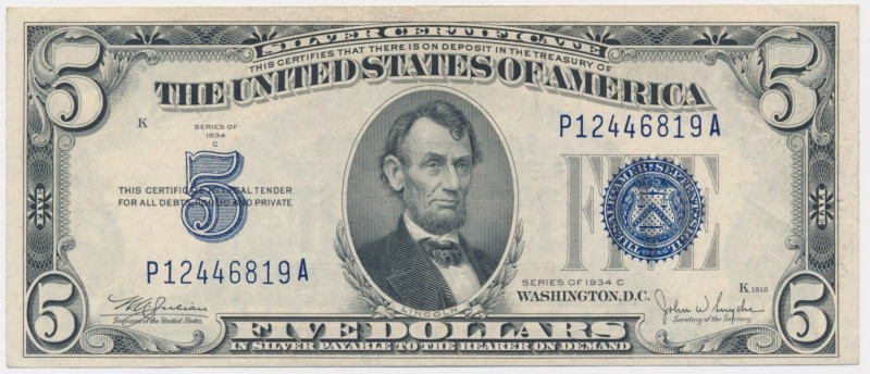 USA, Silver Certificate, 5 Dollars 1934 - Julian & Snyder - Signatures Julian & ...