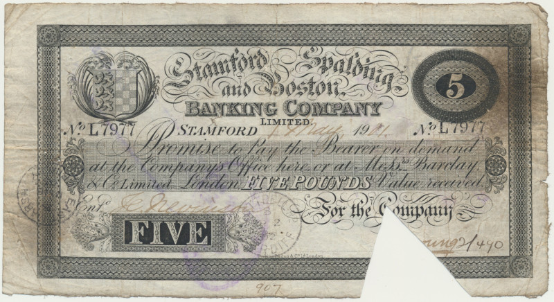 Great Britain, Stamford, 5 Pounds 1901 Still a desriable note which shows consid...