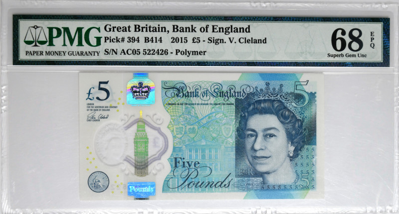 Great Britain, 5 Pounds 2015 - PMG 68 EPQ Graded 68 EPQ by PMG.
 Banknot w slab...