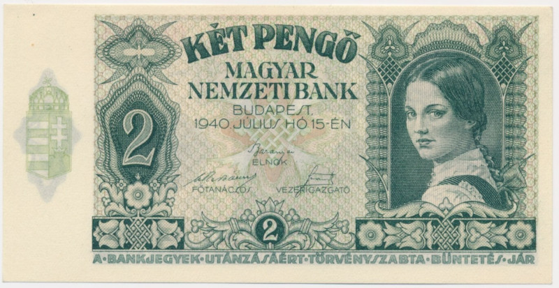 Hungary, 2 Pengo 1940 Beautifull crisp banknote with virtually perfect look. Lig...