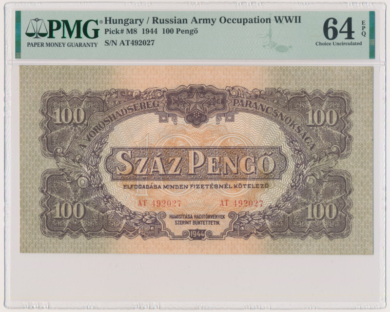 Hungary, 100 Pengö 1944 - PMG 64 EPQ Graded 64 EPQ by PMG.
 Banknot w slabie PM...