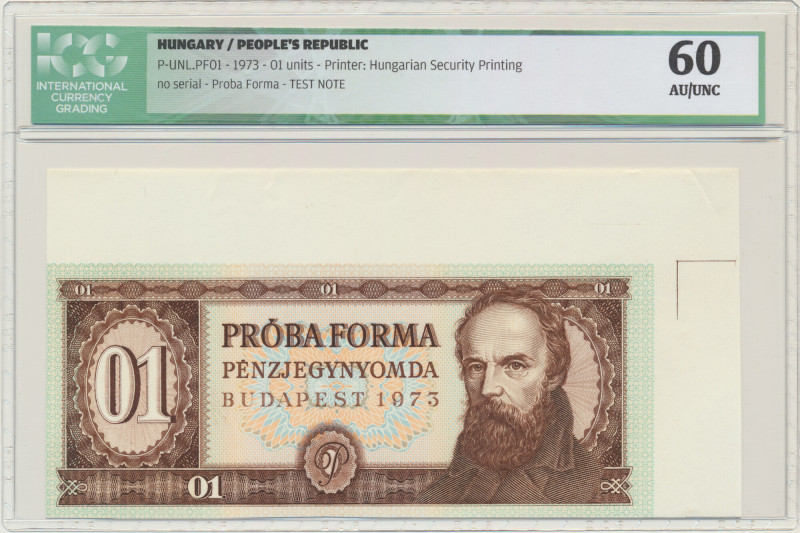 Hungary, Proba Forma 1 Units 1973 - Test note - ICG 60 Graded 60 by ICG. Banknot...