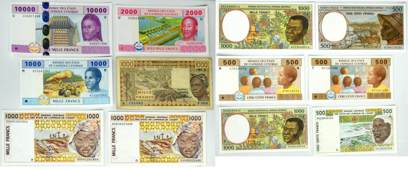 West Africa, lot 500-10.000 Francs 1984-2002 (12 pcs.) Mostly uncirculated.&nbsp...