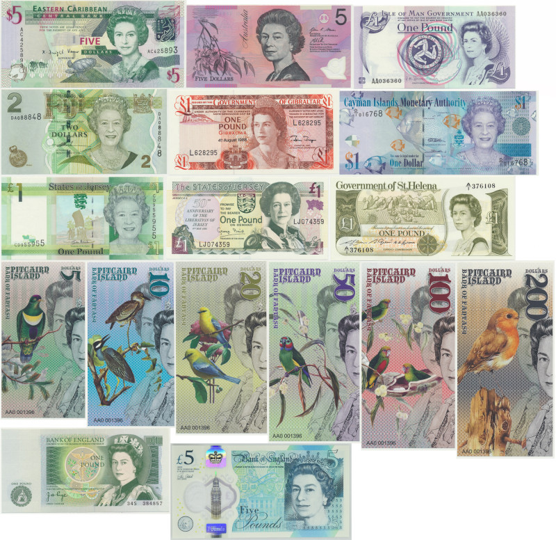 Group of world banknotes with Queen Elisabeth II (17 pcs.) Attractive lot of wor...