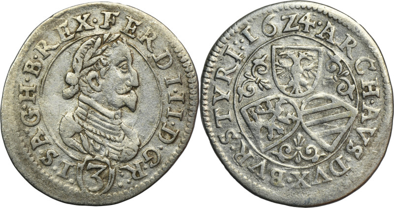 Austria, Ferdinand II, 3 Kreuzer Graz 1624 Variety with three dots after R in th...
