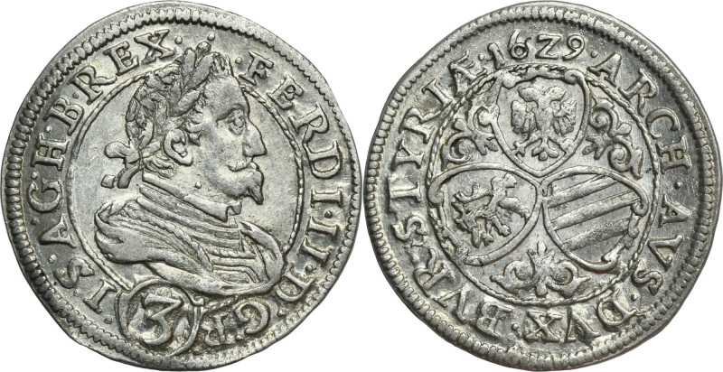 Austria, Ferdinand II, 3 Kreuzer Graz 1629 Variety with obverse legend D:G·R·(3)...
