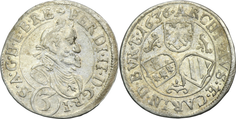 Austria, Ferdinand II, 3 Kreuzer Sankt Veit 1636 Variety with obverse legend FER...