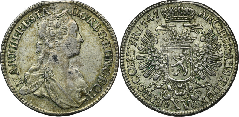 Austria, Maria Theresia, 15 Kreuzer Prague 1747 Variety with Bohemian Lion on ch...