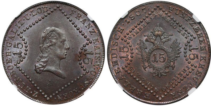 Austria, Franz II, 15 Kreuzer Wien 1807 A - NGC MS63 BN Uncirculated coin graded...
