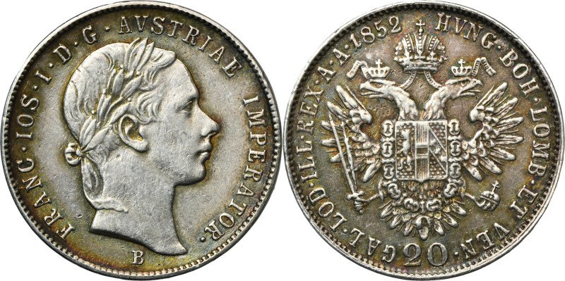 Austria, Franz Joseph I, 20 Kreuzer Kremnic 1852 B Variety with letter B below t...
