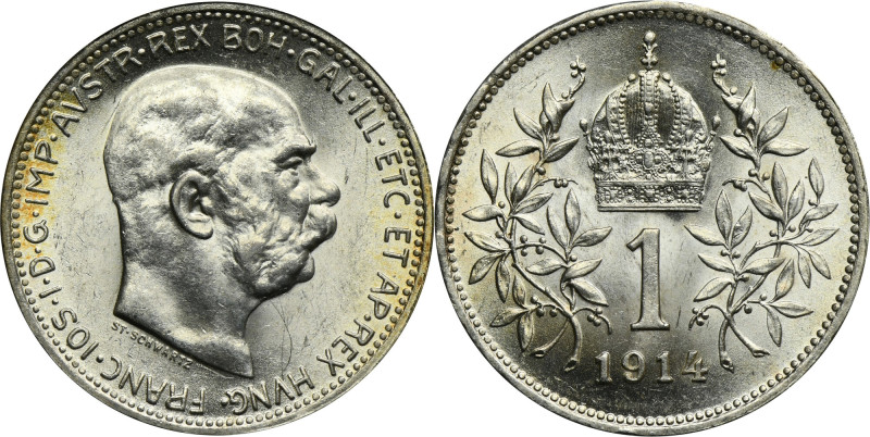 Austria, Franz Joseph I, 1 Korona Wien 1914 Mint state with deep luster.&nbsp;
...