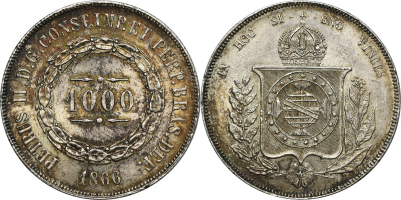 Brasil, Pedro II, 1000 Réis Rio de Janeiro 1866 Srebro próby '917'. Reference: K...