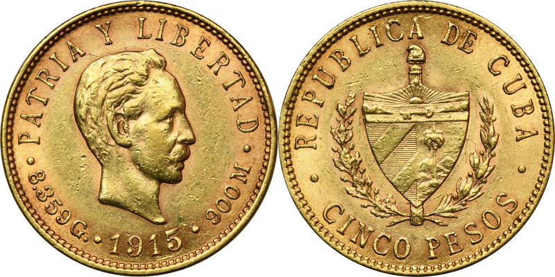 Cuba, First Republic, 5 Pesos Philadelphia 1915 .900 gold Diameter 21 mm, weight...