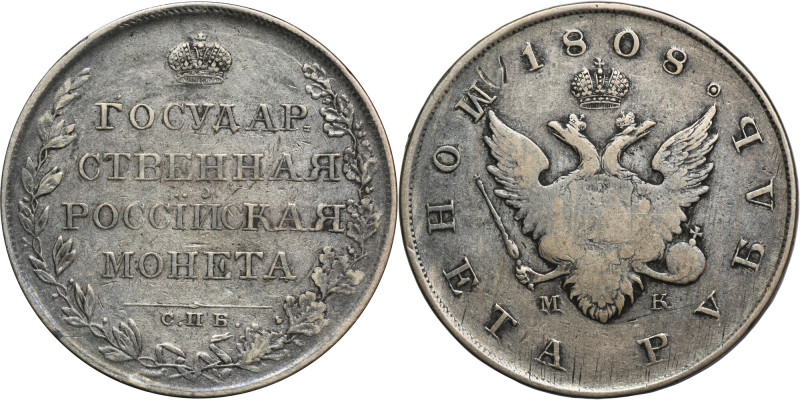 Russia, Alexander I, Rouble Petersburg 1808 СПБ MK Rare date. Variety with a sho...