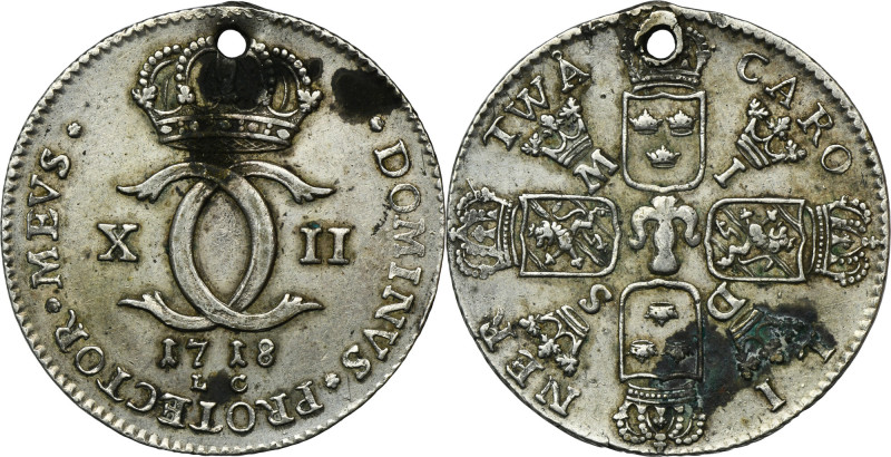 Sweden, Karl XII, 2 Caroliner (1 Daler) Stockholm 1718 LC Initials LC on the obv...