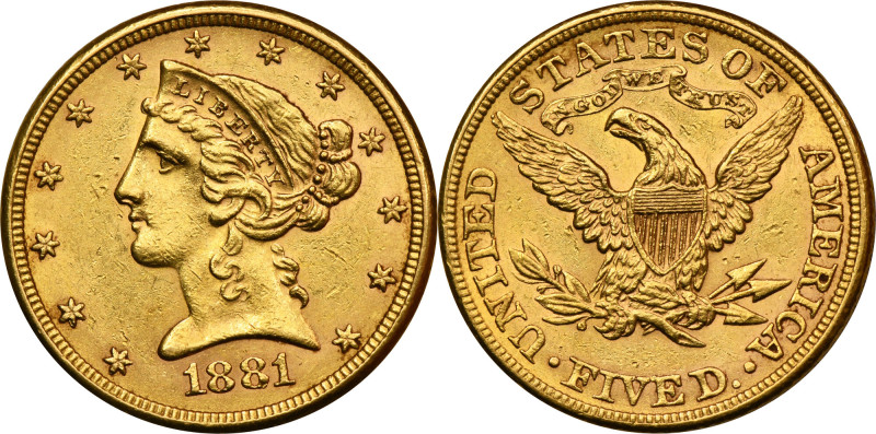 USA, 5 Dollars Philadelphia 1881 - Liberty Head .900 gold Diameter 21 mm, weight...