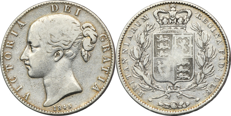 Great Britain, Victoria, 1 Crown London 1845 Coin features the Young Head portra...