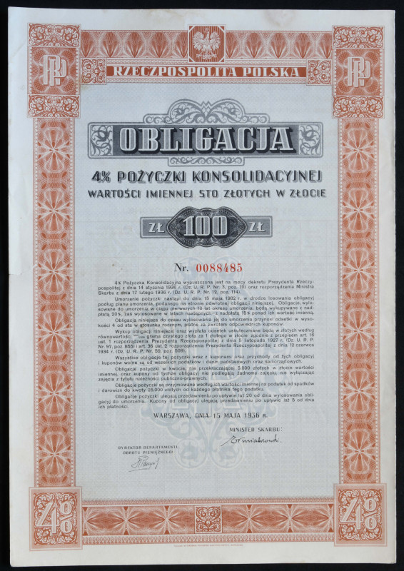 4% Pożyczka Konsolidacyjna 1936, obligacja 100 zł Celem emisji 4% Pożyczki Konso...