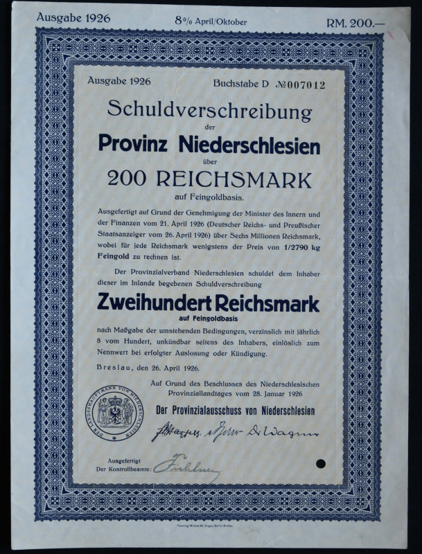 Provinz Niederschlesien, obligacja 200 marek 1926 

BONDS AND SHARES Poland Po...