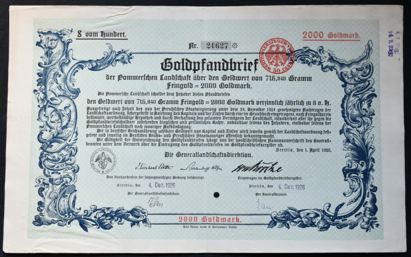 Pommersche Landschaft, 8% złoty list zastawny, 2.000 marek 1925 

BONDS AND SH...