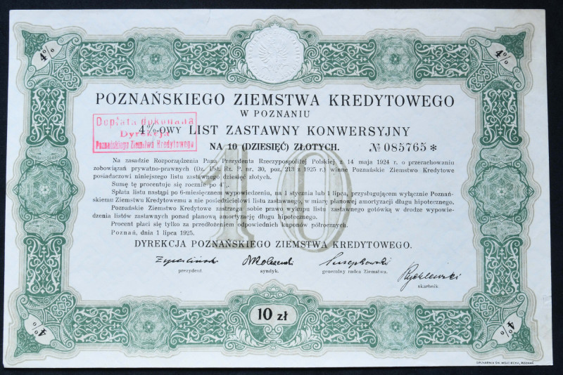 Poznańskie Ziemstwo Kredytowe, 4% list zastawny konwersyjny, 10 zł, 1925 Poznańs...