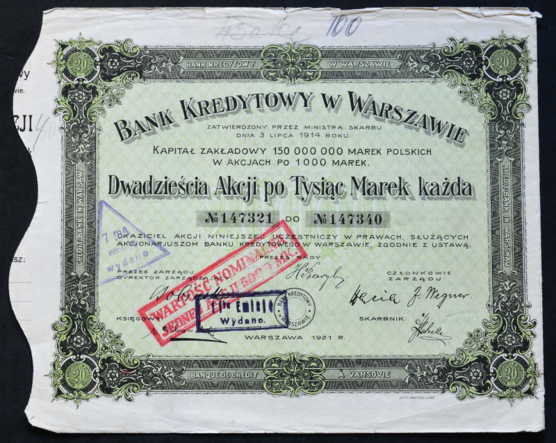 Bank Kredytowy w Warszawie S.A., 20 x 1.000 mkp 1921 Bank Kredytowy w Warszawie ...