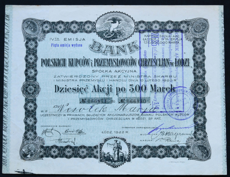 Bank Polskich Kupców i Przemysłowców Chrześcijan w Łodzi, 10 x 500 mkp 1922, Emi...