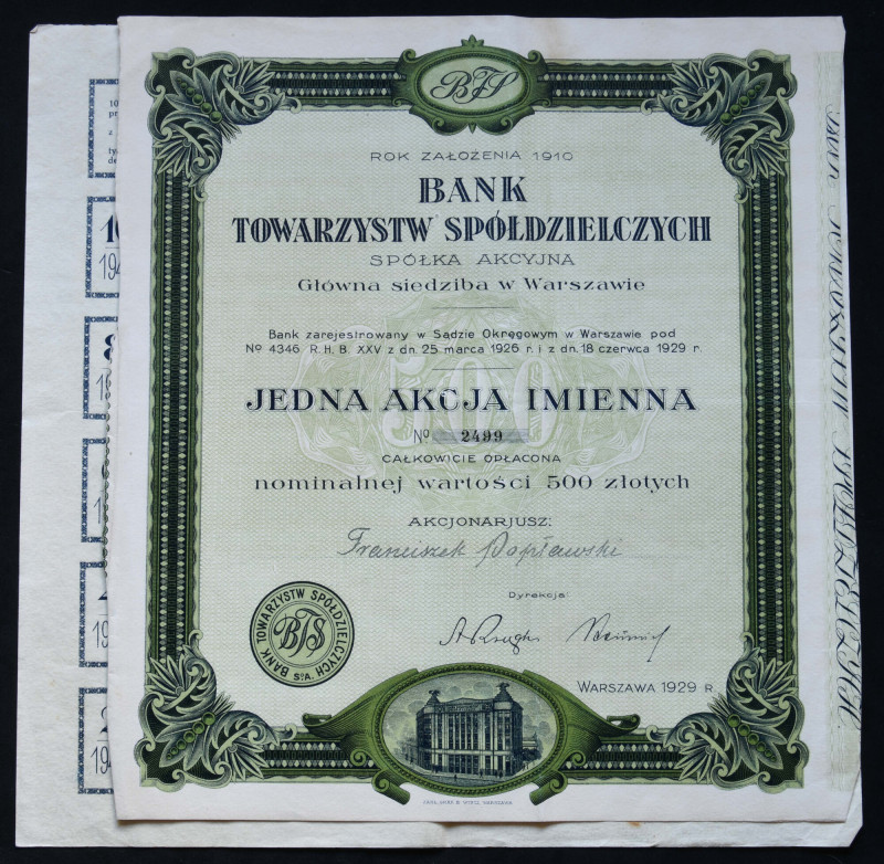 Bank Towarzystw Spółdzielczych S.A., 500 zł 1929 Bank założony w 1909 r. Znany k...