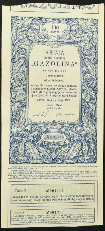 'Gazolina' S.A., 100 zł 1930 Spółka, która była w Polsce pionierem akcjonariatu ...