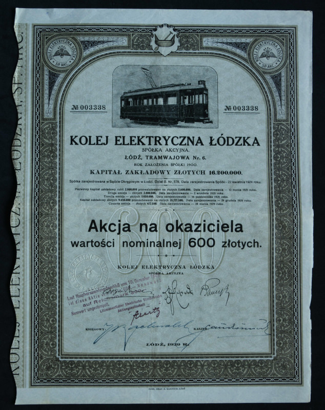 Kolej Elektryczna Łódzka S.A., 600 zł 1929 Dużego formatu, bardzo ładna akcja je...