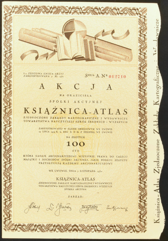 „Książnica - Atlas”, 100 zł 1930, I emisja Ceniona akcja w stylu art deco. Spółk...