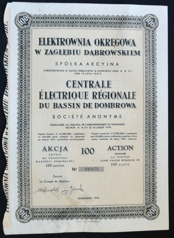 Elektrownia Okręgowa w Zagłębiu Dąbrowskim S.A., 100 zł 1935 Bardzo popularna ak...