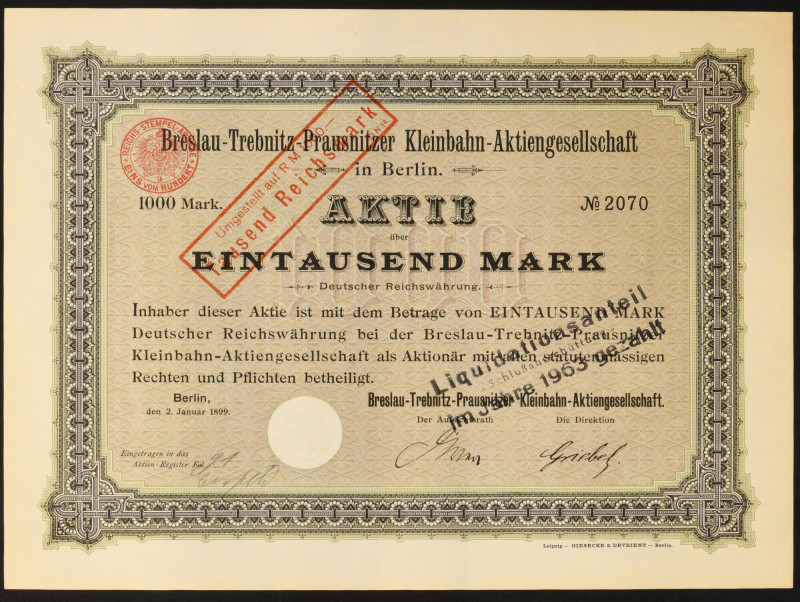 Breslau-Trebnitz-Prausnitzer Kleinbahn AG, 1.000 marek 1899 

BONDS AND SHARES