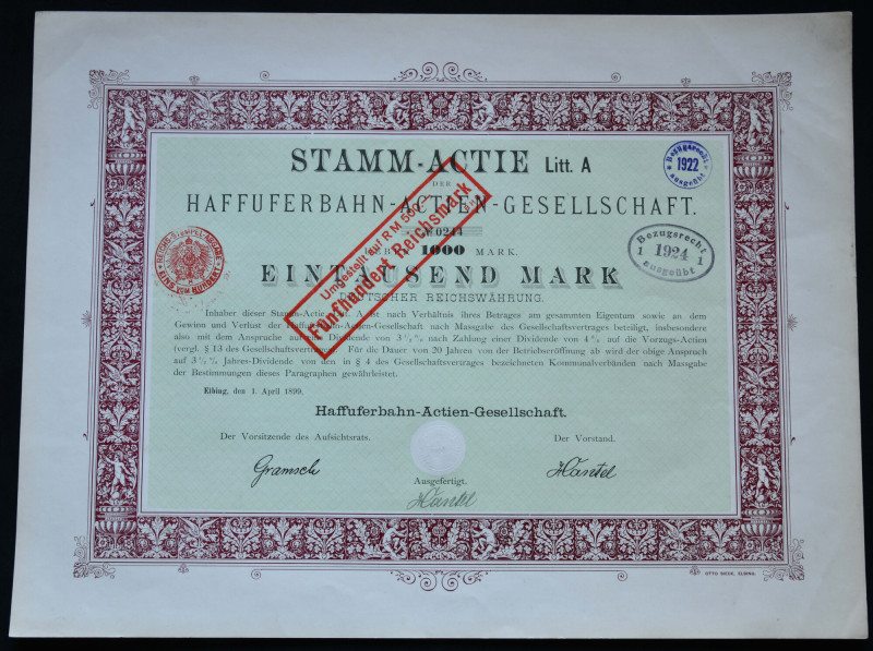 Elbląg, Haffuferbahn AG, 1.000 marek 1899 Litt. A 

BONDS AND SHARES