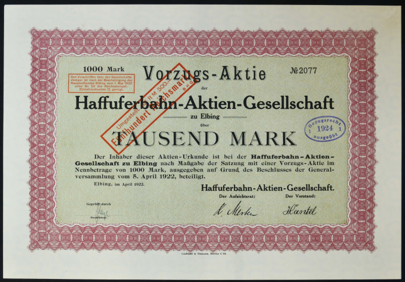 Elbląg, Haffuferbahn AG, 1.000 marek 1922 

BONDS AND SHARES