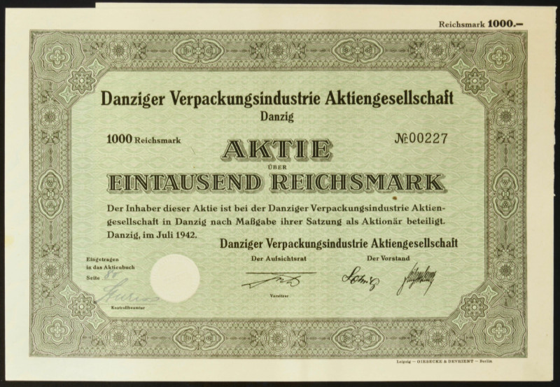 Gdańsk, Danziger Verpackungsindustrie AG, akcja 1.000 marek 1942 Wysoki nominał ...