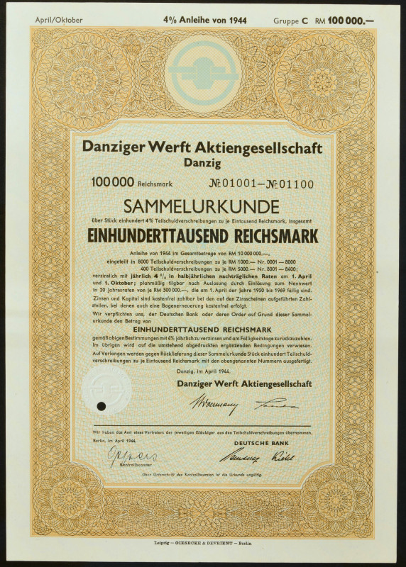 Gdańsk, Danziger Werft AG, 4% obligacja 100.000 marek 1944 Danziger Werft Aktien...