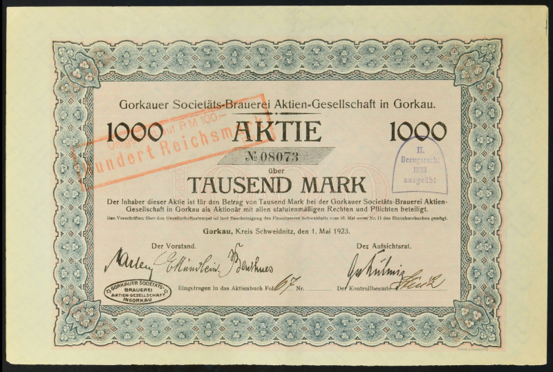 Gorkauer Societäts Brauerei, akcja 1.000 marek 1923 Gorkauer Societäts Brauerei ...