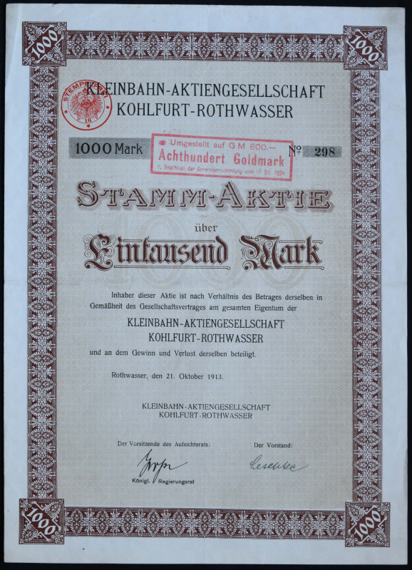 Kleinbahn AG Kohlfurt Rothwasser, 1.000 marek 1913 

BONDS AND SHARES