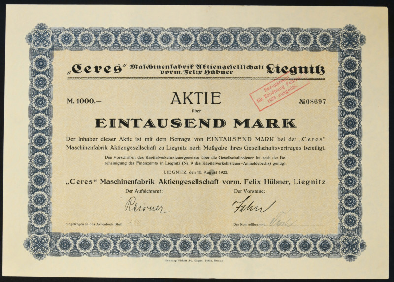 Legnica, 'Ceres' Maschinenfabrik AG, 1.000 marek 1922 

BONDS AND SHARES